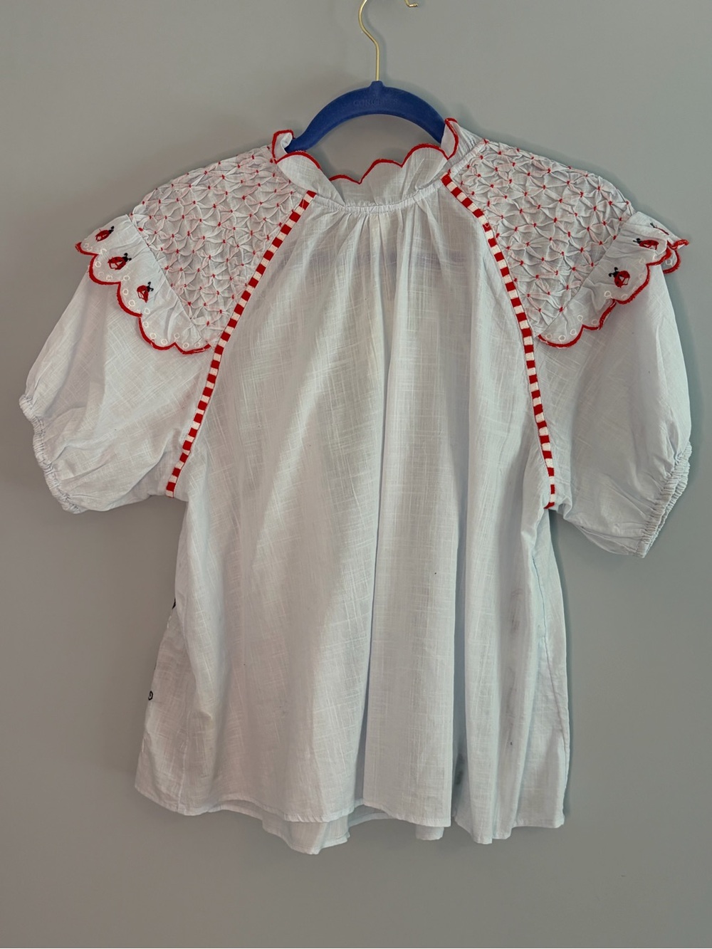 NWT Anthropologie Light Blue Peasant Blouse with Red Trim - Picture 3 of 5